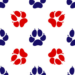 Fototapeta na wymiar Blue and red footprint of an animal dog icon isolated seamless pattern on white background. Vector Illustration