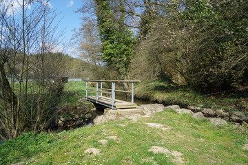 Wooden bridge in the forest that leads over a small stream photographed in summer