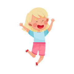 Happy Girl Character with Blonde Hair Jumping High with Joy and Excitement Vector Illustration