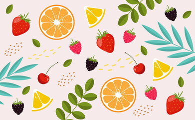 Collection of cute summer elements, tropical banner, berry, banana, strawberry, orange, tropical leaves objects, summer season pattern vector