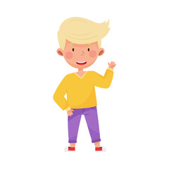 Smiling Boy Character Greeting Waving Hand and Saying Hi Vector Illustration