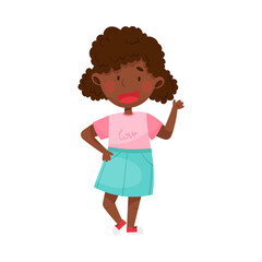 Smiling Girl Character Greeting Waving Hand and Saying Hi Vector Illustration