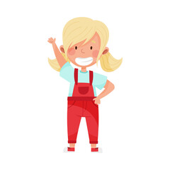 Smiling Girl Character Greeting Waving Hand and Saying Hi Vector Illustration