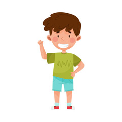 Smiling Boy Character in Shorts Greeting Waving Hand and Saying Hi Vector Illustration