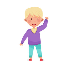 Cheerful Boy Character in Jeans Greeting Waving Hand and Saying Hi Vector Illustration