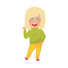 Cheerful Girl Character with Blonde Hair Greeting Waving Hand and Saying Hi Vector Illustration