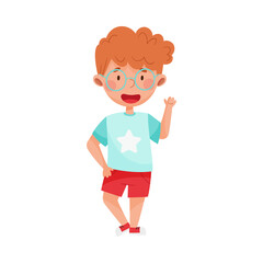 Cheerful Boy Character with Red Hair Greeting Waving Hand and Saying Hi Vector Illustration