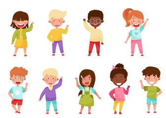 Smiling Boy and Girl Characters Greeting Waving Hand and Saying Hi Vector Illustration Set