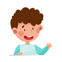 Cute Boy with Open Mouth Sitting at Table or School Desk and Speaking Vector Illustration