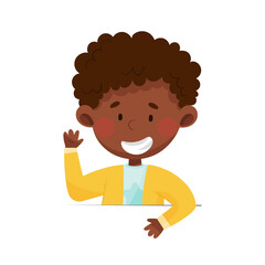 Cute African American Boy Character Sitting at Table or School Desk and Showing Greeting Gesture Vector Illustration