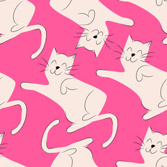 Vector cute simple cat on a pink background seamless pattern.Tender vector childish ornament.