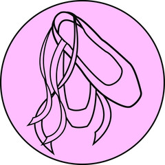 icon of ballet Pointe shoes with ribbons in black on a pink background
