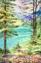 View of the sea through the forest. Watercolor pine trees forest. Summer background. Design element. 