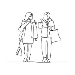 Women talking. Two women friends with shopping bags in hands walking together and speaking. Continuous line art drawing style. Minimalist black linear sketch isolated on white background