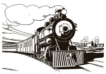 Classic steam locomotive from early 20th century pulling several railway cars through landscape  © M