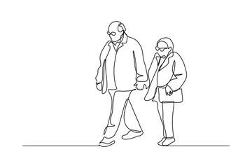 Elderly couple in continuous line art drawing style. Senior man and woman walking together holding hands. Minimalist black linear sketch isolated on white background. Vector illustration