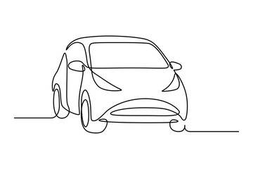 Abstract small car in continuous line art drawing style. Minimalist black linear sketch isolated on white background. Vector illustration - obrazy, fototapety, plakaty