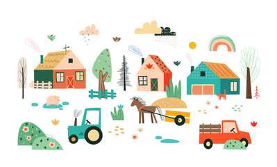 Village illustration with small cute houses, household utensils and rural appliances in childrens style. 