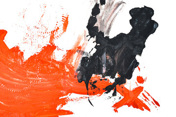 Abstract gouache texture of red and black. Closeup of paint strokes on a white paper.