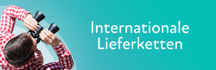Internationale Lieferketten. Mann mit Fernglas aus Vogelperspektive. Beobachtung, Draufsicht,...