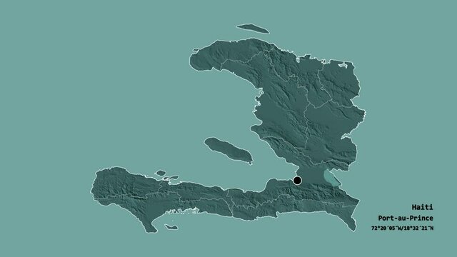 Sud-Est, department of Haiti, with its capital, localized, outlined and zoomed with informative overlays on a administrative map in the Stereographic projection. Animation 3D