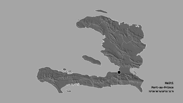 Sud-Est, department of Haiti, with its capital, localized, outlined and zoomed with informative overlays on a bilevel map in the Stereographic projection. Animation 3D