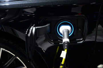 Electric vehicle chargers, EV cars or electric cars at the charging station with plugged-in power supply Concept of alternative energy that is environmentally friendly