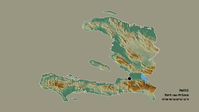 Sud-Est, department of Haiti, with its capital, localized, outlined and zoomed with informative overlays on a relief map in the Stereographic projection. Animation 3D