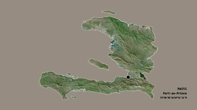 Sud-Est, department of Haiti, with its capital, localized, outlined and zoomed with informative overlays on a satellite map in the Stereographic projection. Animation 3D