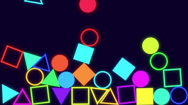 Neon glowing multicolored triangles, circles and squares falling from above and filling the entire screen.