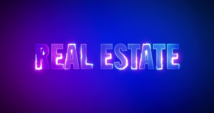 Real Estate. Electric lightning words. Burning Logotype on purple blue background. High quality 4k footage
