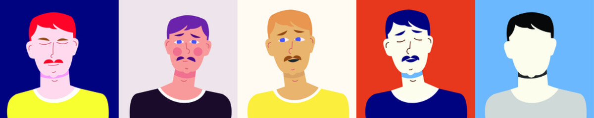 Man portrait with mustache. Colored pack of various sets and silhouette. Avatar. Vector Flat Illustration.