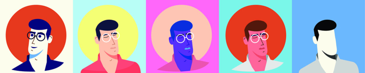Young man portrait. Colored pack of various sets and silhouette. Avatar. Vector Flat Illustration.