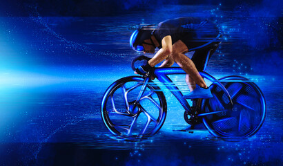 Fototapeta na wymiar Man racing cyclist on dark background. Sports banner