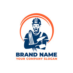 Construction work logo. Worker with tool