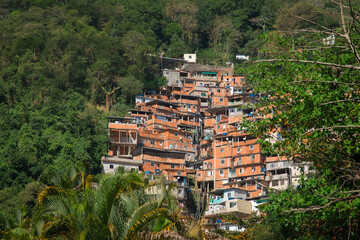 Fototapeta na wymiar Stacked Red Brick Houses of Brazilian Favela Surrounded by Tropical Forest in Rio de Janeiro
