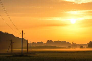 image of a power line on a field at sunset in summer