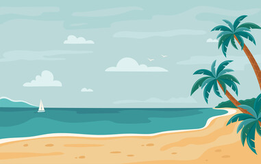 Vector beach background. Tropical seashore with palm trees and yacht. Horizontal background. Summer beach. Paradise nature vacation, ocean or sea seashore. Seaside landscape, tropical beach relax