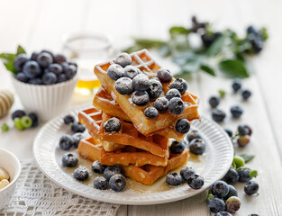 Waffles with addition of fresh blueberries sprinkled with castor sugar on a white plate 