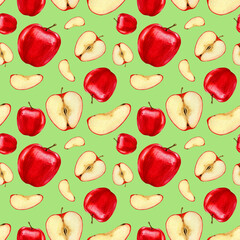 Seamless pattern, red, juicy apples, whole and in a cut. Illustration fruit with the use of watercolor paints, for decoration, tablecloth, cover, apron. Figure on a green background