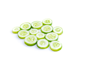 slices of fresh green cucumber. isolated white background. copyspace