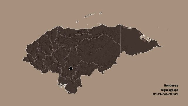 Ocotepeque, department of Honduras, with its capital, localized, outlined and zoomed with informative overlays on a administrative map in the Stereographic projection. Animation 3D