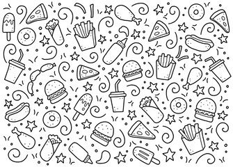Hand drawn set of fast food elements, burger, pizza, sandwich, hamburger, snack. Comic doodle sketch style. Fast food element drawn by digital brush-pen. Vector illustration for icon, menu, frame © Polina Tomtosova