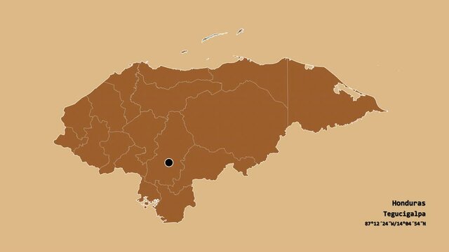 Ocotepeque, department of Honduras, with its capital, localized, outlined and zoomed with informative overlays on a solid patterned map in the Stereographic projection. Animation 3D