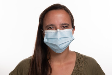 Headshot of female student wearing Covid 19 mask isolated on white background