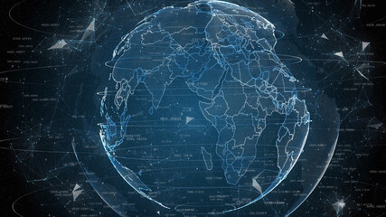 Global business network. Numbers, particles and compounds around the Earth