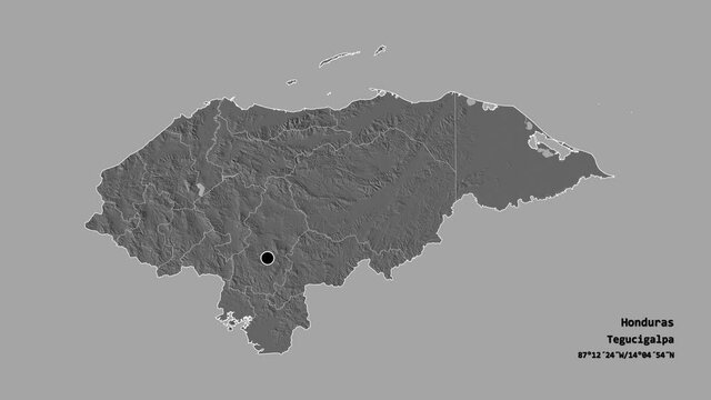 Olancho, department of Honduras, with its capital, localized, outlined and zoomed with informative overlays on a bilevel map in the Stereographic projection. Animation 3D