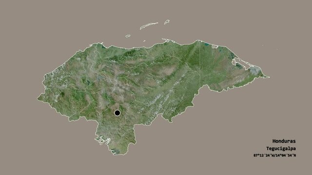 Olancho, department of Honduras, with its capital, localized, outlined and zoomed with informative overlays on a satellite map in the Stereographic projection. Animation 3D