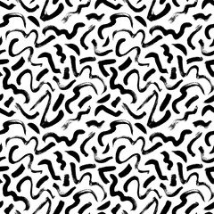 Wavy and swirled brush strokes vector seamless pattern. Black paint freehand scribbles, abstract ink background. Brushstrokes, smears, lines, squiggle pattern. Abstract wallpaper design, textile print