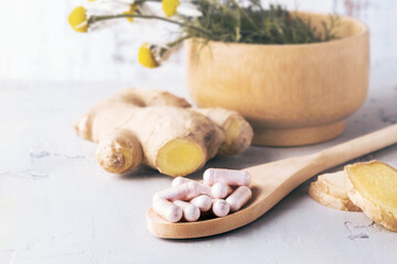 Alternative medicine, naturopathy, homeopathy and dietary supplement. Herbal remedy in capsules...